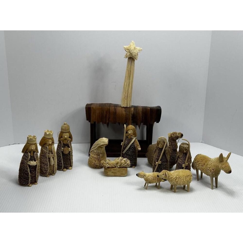 Set Rustic Bristle Brush Christmas Nativity‎ Crèche Folk Art Primitive Burlap